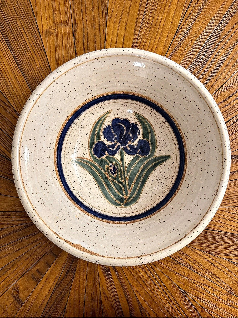 Vintage Hand-Thrown Speckled Stoneware Blue Iris Bowl Signed